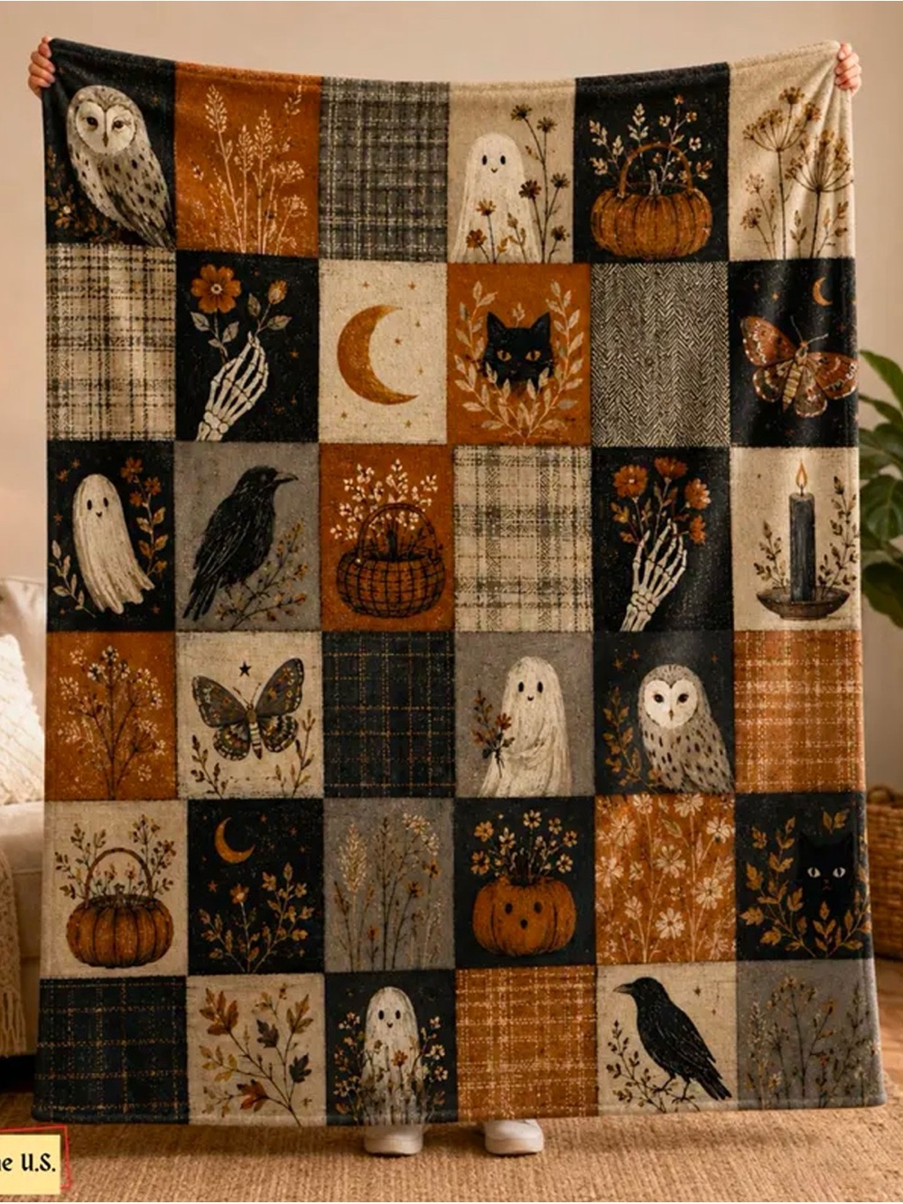 Spooky Cottagecore Patchwork Ghost Owl Cat Fall Throw Blanket